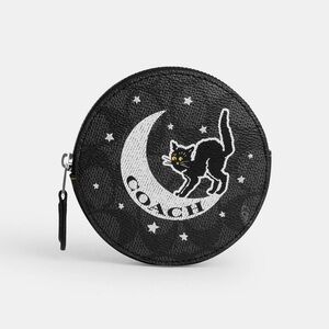 NWT Coach CX348 Coin Case In Signature Canvas With Halloween Graphic Cat Moon